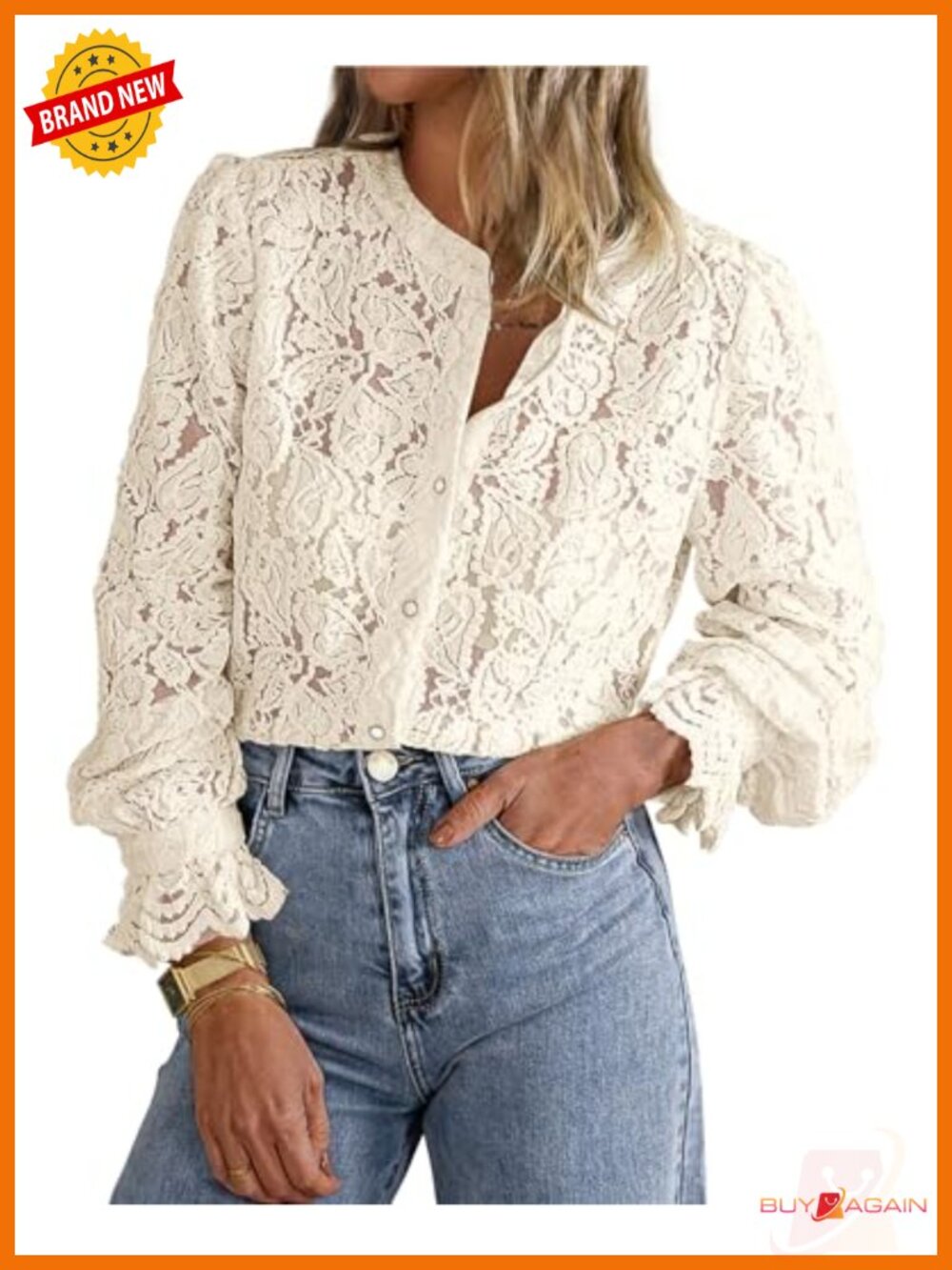 PRETTYGARDEN Women's Lace Long Sleeve Button Down Blouse Crew Neck Top